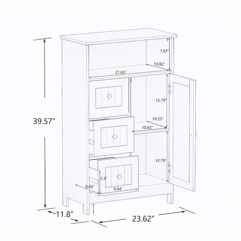 Armoire de rangement de salle de bains sur pied avec 3 tiroirs et 1 porte