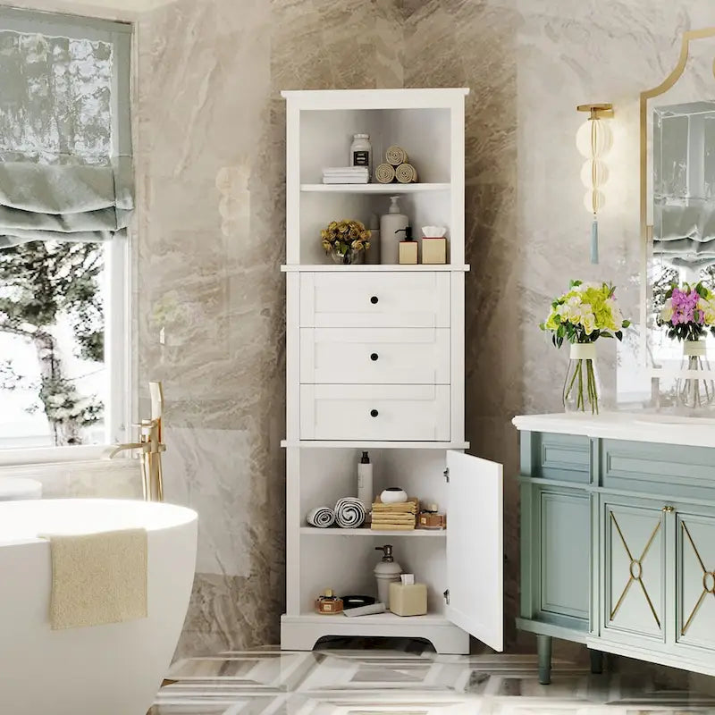 Armoire haute triangulaire à 3 tiroirs et étagères réglables, panneau MDF avec finition peinte