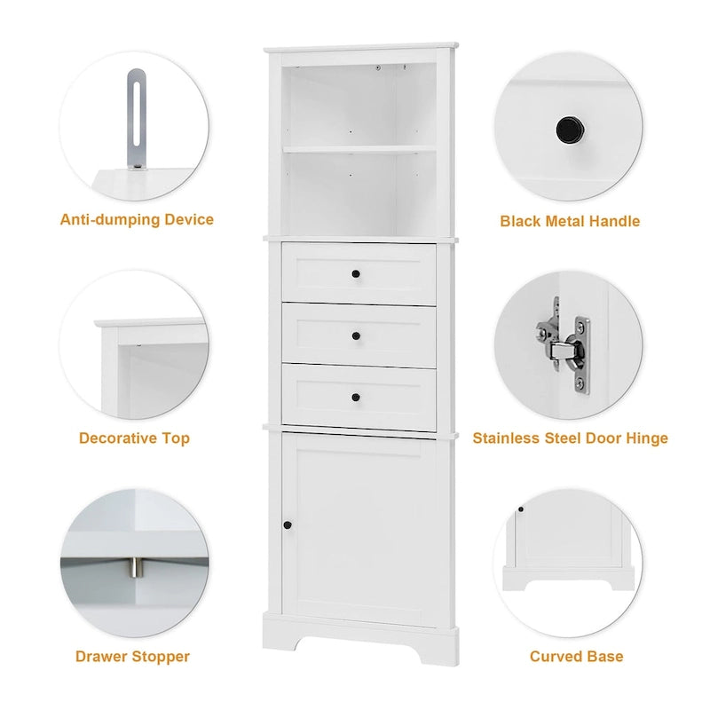 Armoire haute triangulaire à 3 tiroirs et étagères réglables, panneau MDF avec finition peinte